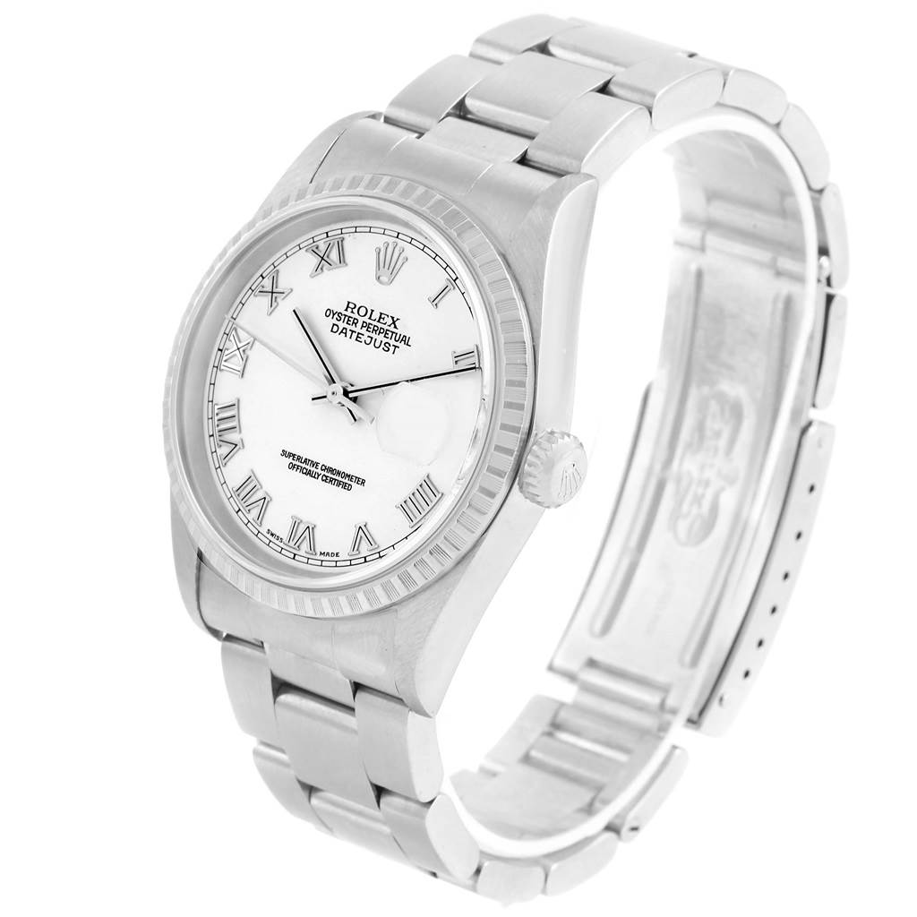 The image shows a side-angle view of a Rolex Datejust 16220 Men's Stainless Steel White Dial 16220 Men's Stainless Steel White Dial watch, highlighting its face, bezel, bracelet, and clasp.
