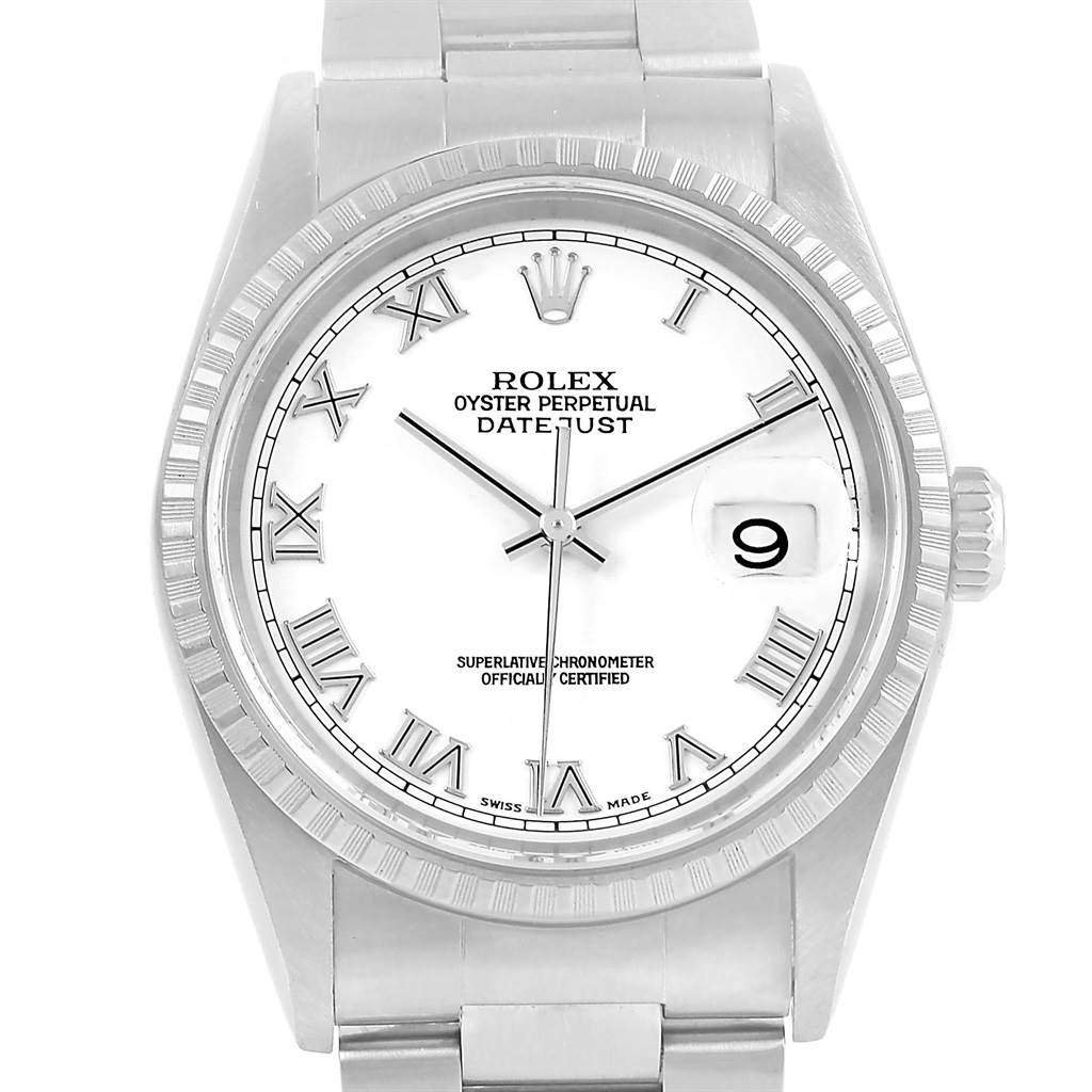 This image shows a front view of a Rolex Datejust 16220 Men's Stainless Steel White Dial 16220 Men's Stainless Steel White Dial watch, featuring its dial, bezel, and bracelet.