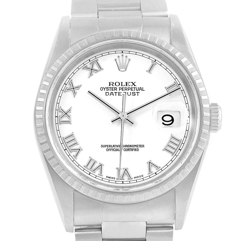 Rolex Datejust White Roman Dial Steel Mens Watch 16220 Box Papers SwissWatchExpo