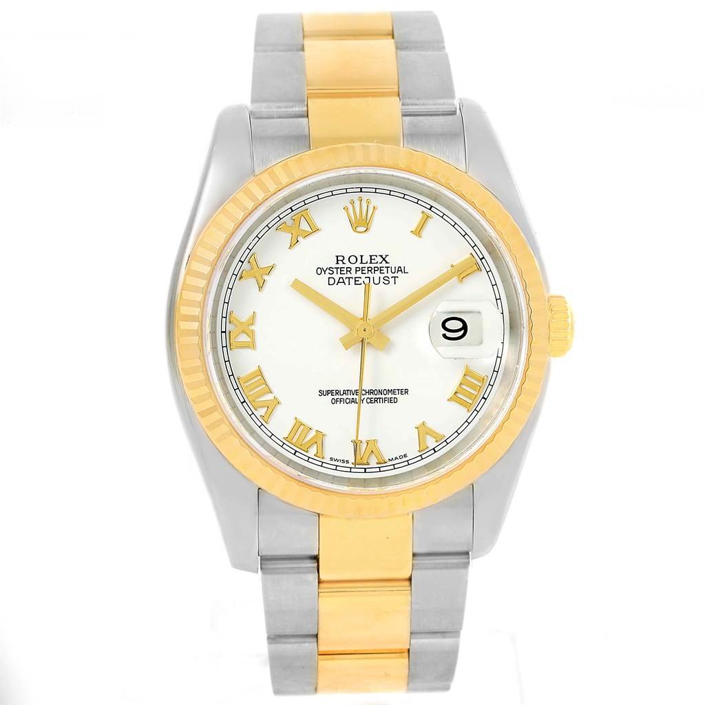 This is a front view of a Rolex Datejust 116233 Men's Stainless Steel White Dial 116233 Men's Stainless Steel White Dial watch showing the dial, bezel, hands, bracelet, and date window.