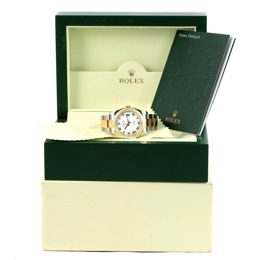 The image shows a Rolex Datejust 116233 Men's Stainless Steel White Dial 116233 Men's Stainless Steel White Dial watch from a front angle, along with its box and manual.