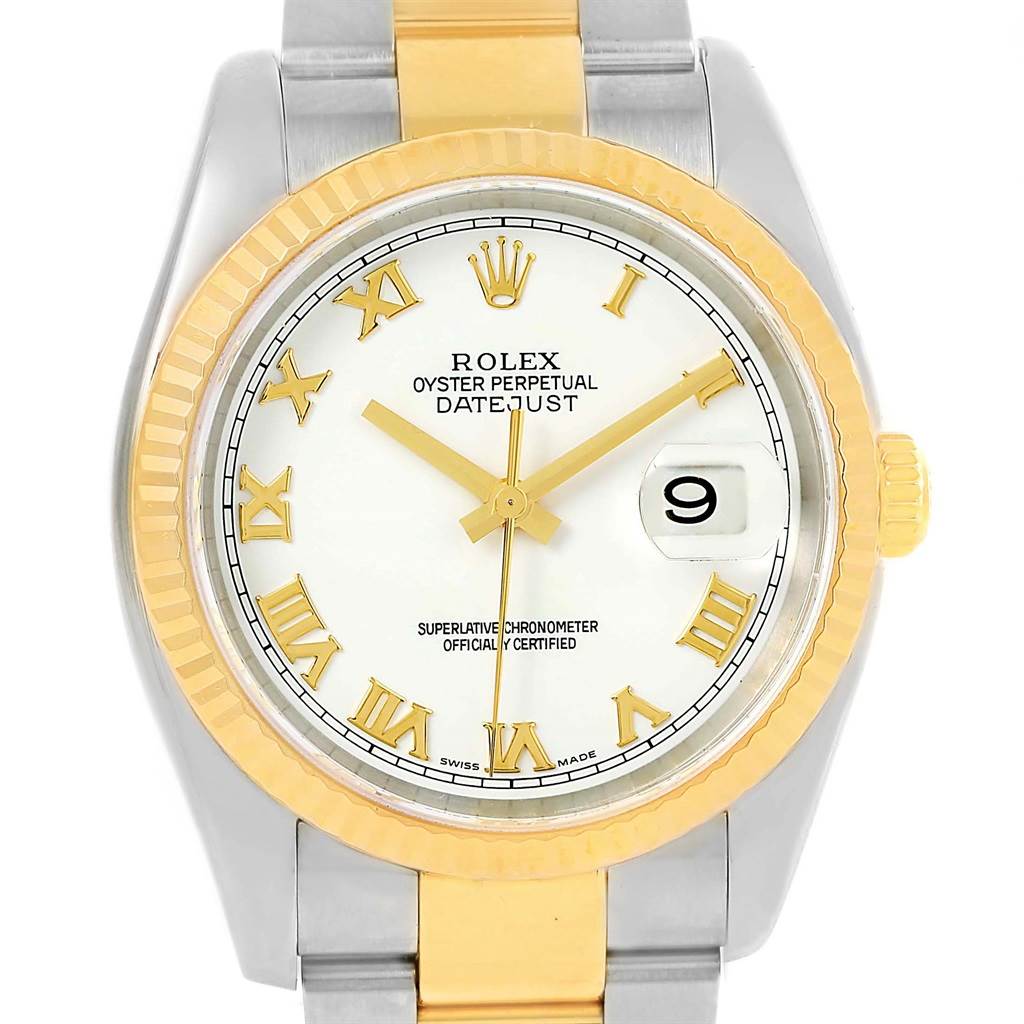This image shows the face of a Rolex Datejust 116233 Men's Stainless Steel White Dial 116233 Men's Stainless Steel White Dial watch, displaying the time, date, and part of the two-tone bracelet.