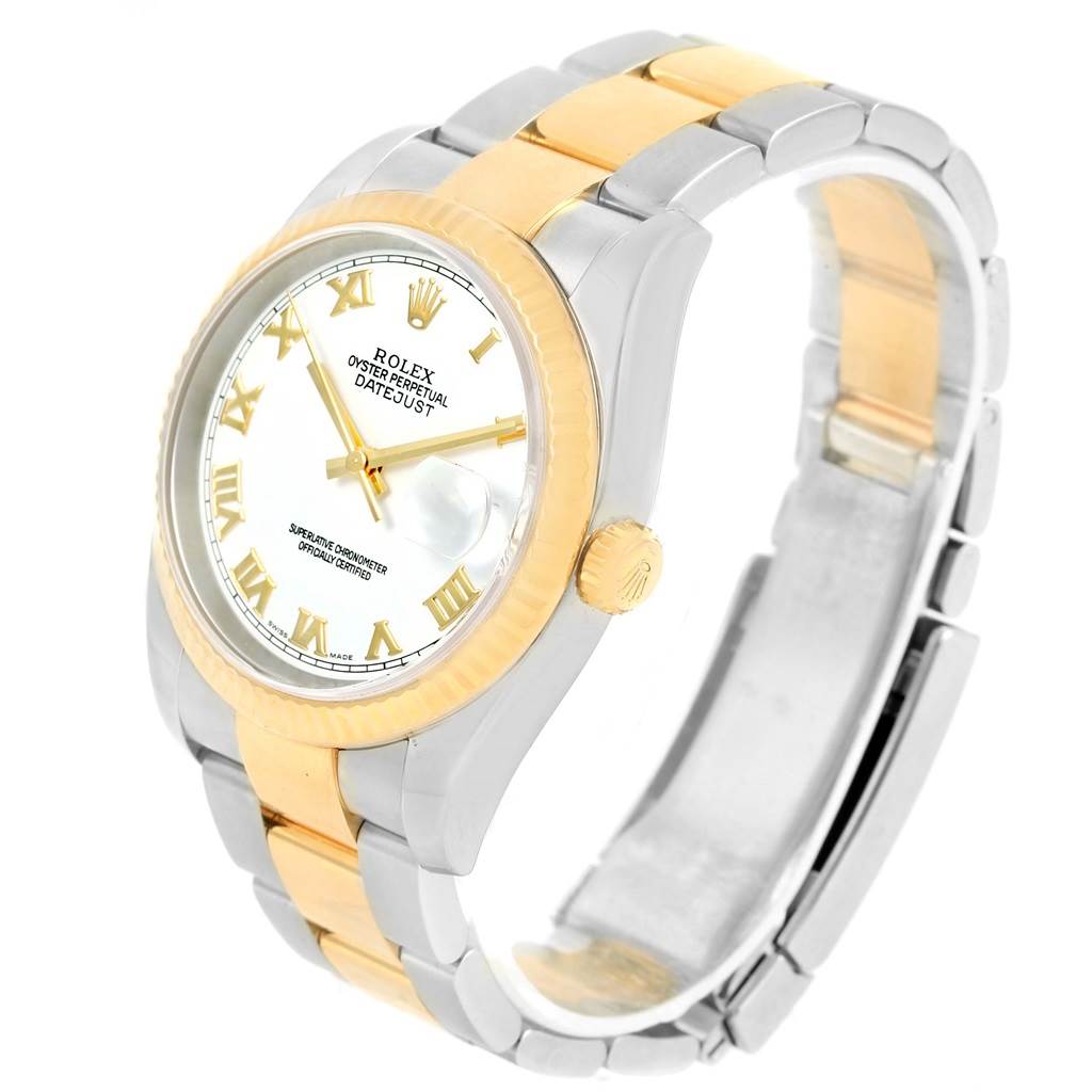 This image shows a Rolex Datejust 116233 Men's Stainless Steel White Dial 116233 Men's Stainless Steel White Dial watch at a three-quarter angle, highlighting the face, bezel, bracelet, and crown.