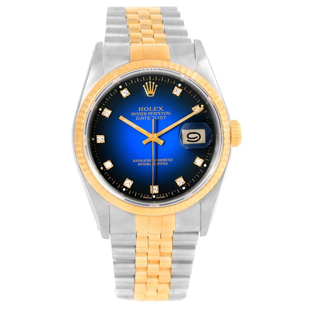 This image shows a front view of a Rolex Datejust 16233 Men's Steel and Gold (two tone) Blue Dial 16233 Men's Steel and Gold (two tone) Blue Dial watch displaying the dial, bezel, crown, and jubilee bracelet.
