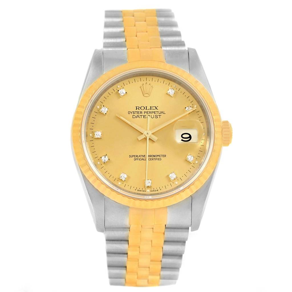 This Rolex Datejust 16233 Steel and Gold (two tone) Champagne Dial 16233 Steel and Gold (two tone) Champagne Dial model is shown from a front-facing angle, highlighting the dial, bezel, and bracelet.