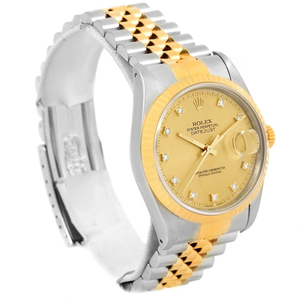 The image shows a Rolex Datejust 16233 Steel and Gold (two tone) Champagne Dial 16233 Steel and Gold (two tone) Champagne Dial watch from an angled side view, highlighting the gold and silver bracelet and champagne dial.