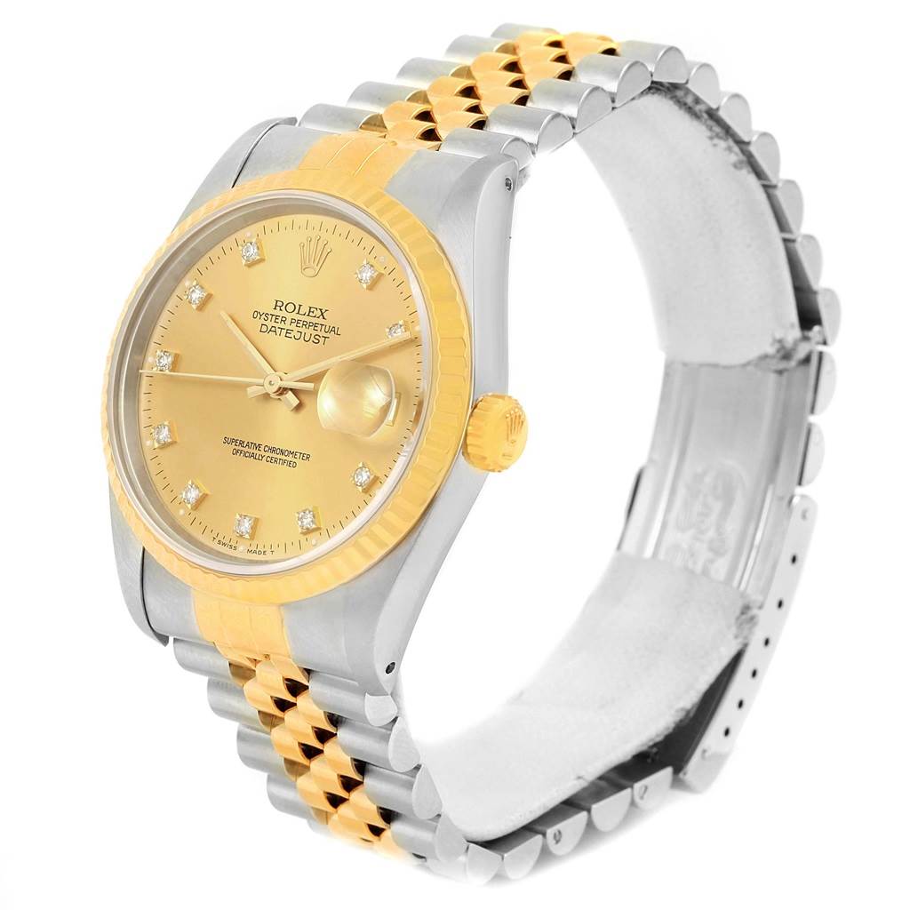 The Rolex Datejust 16233 Steel and Gold (two tone) Champagne Dial 16233 Steel and Gold (two tone) Champagne Dial watch is shown at a three-quarter angle, highlighting the face, bezel, crown, and two-tone Jubilee bracelet.