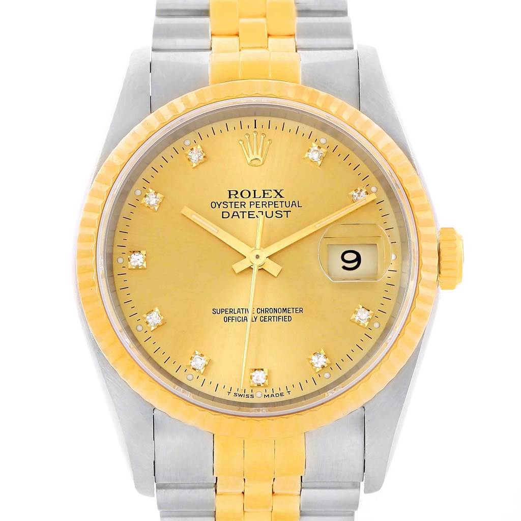 The image shows a front view of a Rolex Datejust 16233 Steel and Gold (two tone) Champagne Dial 16233 Steel and Gold (two tone) Champagne Dial watch, displaying the dial, bezel, and part of the bracelet.