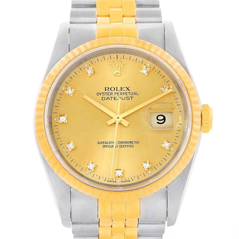 Rolex Datejust 36mm Steel 18K Yellow Gold Diamond Dial Watch 16233 SwissWatchExpo