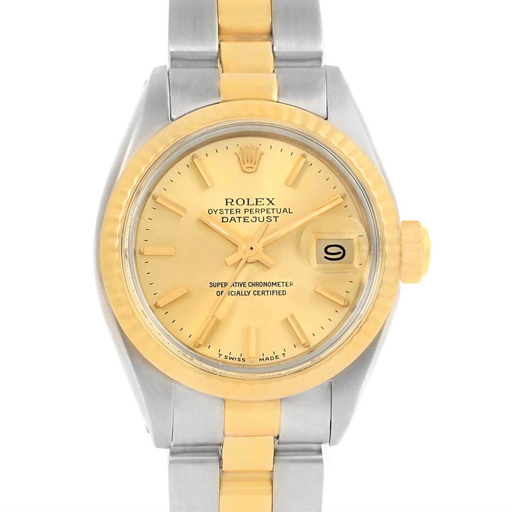 This is a front view of the Rolex Datejust 6917 Women's Stainless Steel Champagne Dial 6917 Women's Stainless Steel Champagne Dial watch, showing the dial, hands, date window, and bracelet.