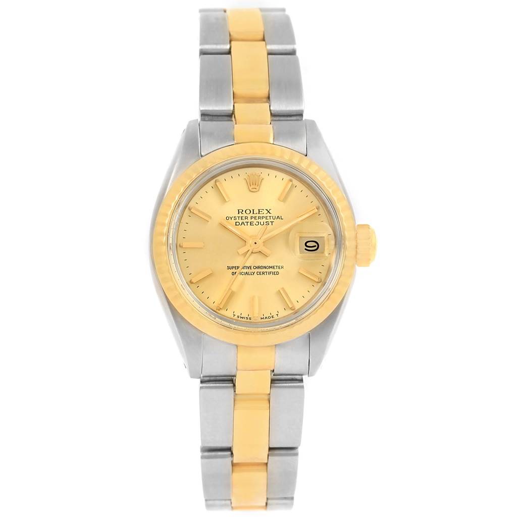 The image shows a frontal view of a Rolex Datejust 6917 Women's Stainless Steel Champagne Dial 6917 Women's Stainless Steel Champagne Dial watch, highlighting the dial, bezel, crown, and two-tone bracelet.