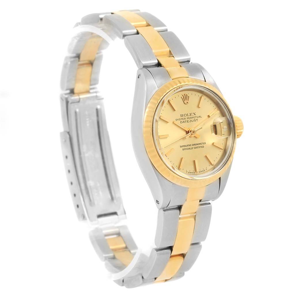 The image shows a side angle of the Rolex Datejust 6917 Women's Stainless Steel Champagne Dial 6917 Women's Stainless Steel Champagne Dial watch, highlighting its two-tone bracelet and the face with a fluted bezel.
