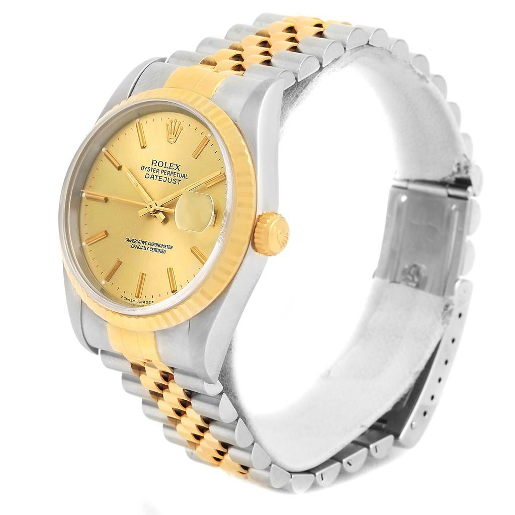 The image shows a Rolex Datejust 16233 Men's Steel and Gold (two tone) Champagne Dial 16233 Men's Steel and Gold (two tone) Champagne Dial watch featuring the dial, bezel, and bracelet in a three-quarter view.