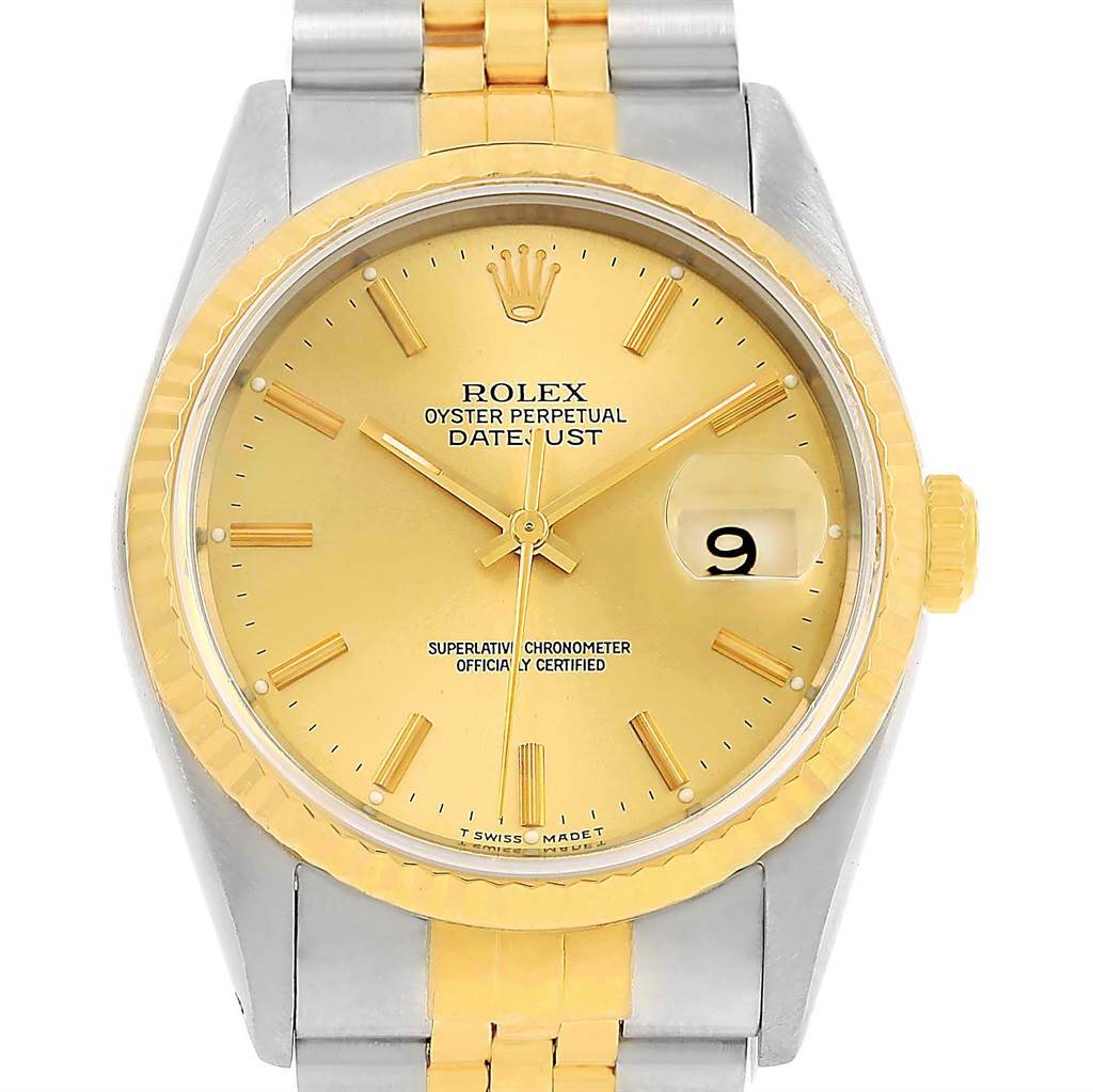 The image shows a front view of a Rolex Datejust 16233 Men's Steel and Gold (two tone) Champagne Dial 16233 Men's Steel and Gold (two tone) Champagne Dial watch, highlighting its gold dial, date display, bezel, and two-tone bracelet.