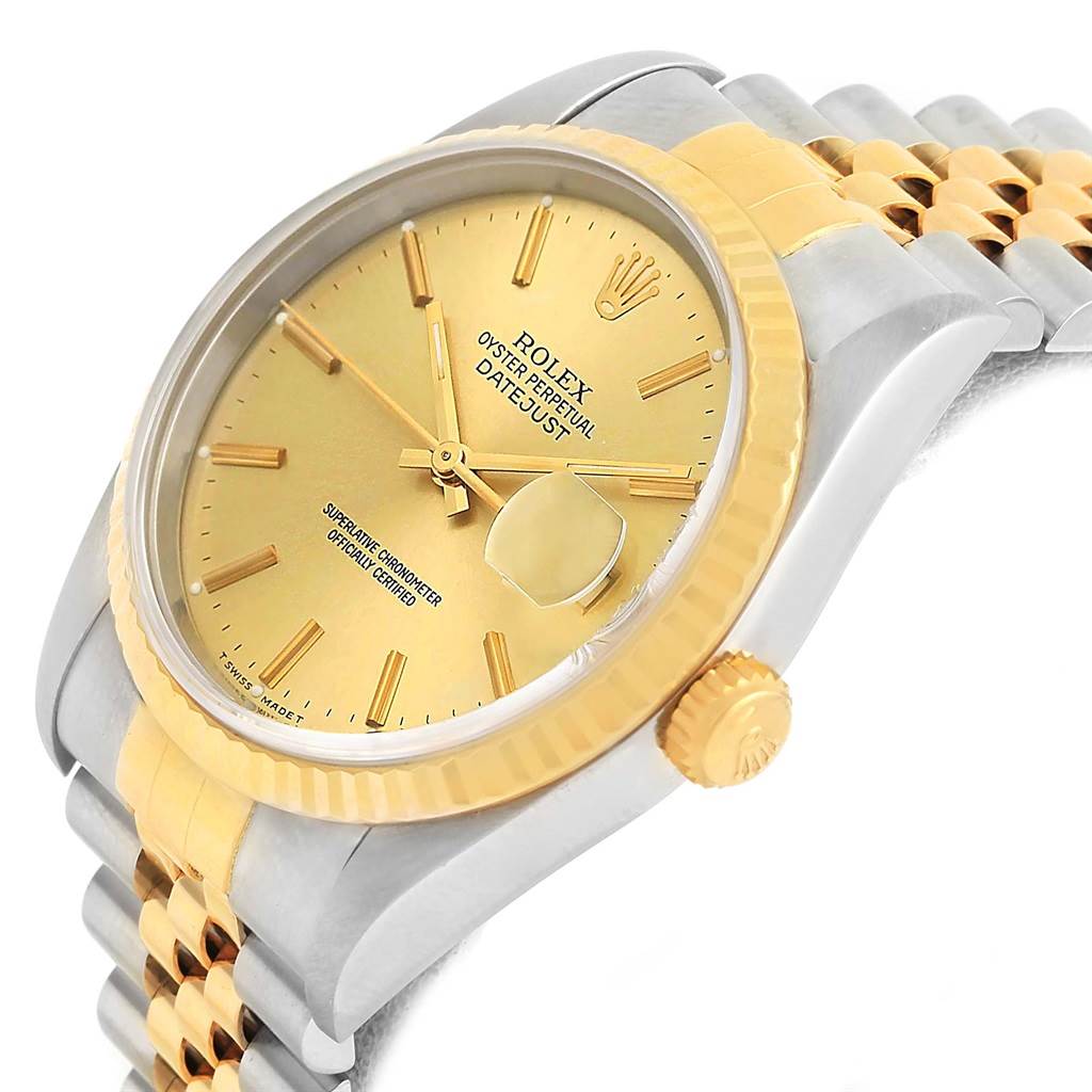 The image shows a Rolex Datejust 16233 Men's Steel and Gold (two tone) Champagne Dial 16233 Men's Steel and Gold (two tone) Champagne Dial watch at a three-quarter angle, highlighting the gold-colored dial, bezel, and a segment of the bracelet.