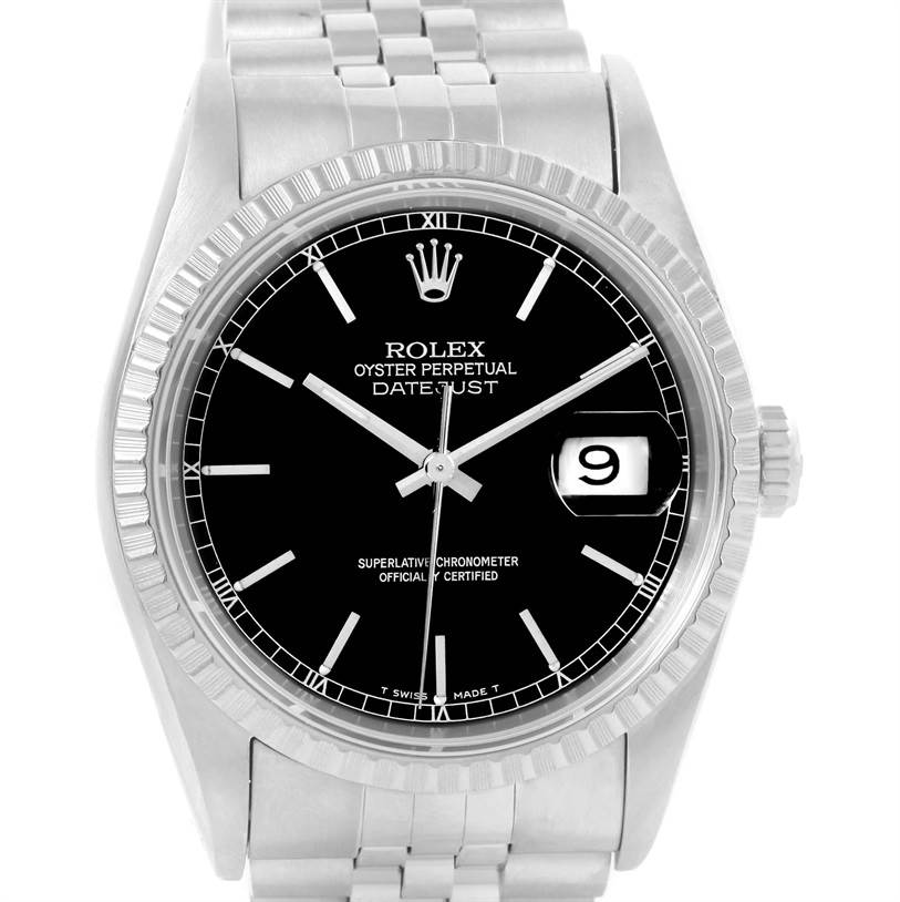 The image shows a frontal view of a Rolex Datejust 16220 Men's Stainless Steel Black Dial 16220 Men's Stainless Steel Black Dial model watch, highlighting its dial, hands, date window, and bracelet.