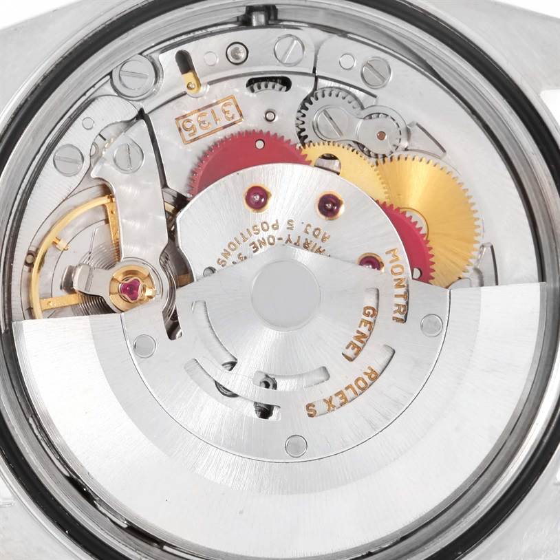 This image shows the inner mechanical movement of a Rolex Datejust 16220 Men's Stainless Steel Black Dial 16220 Men's Stainless Steel Black Dial watch viewed from the back.