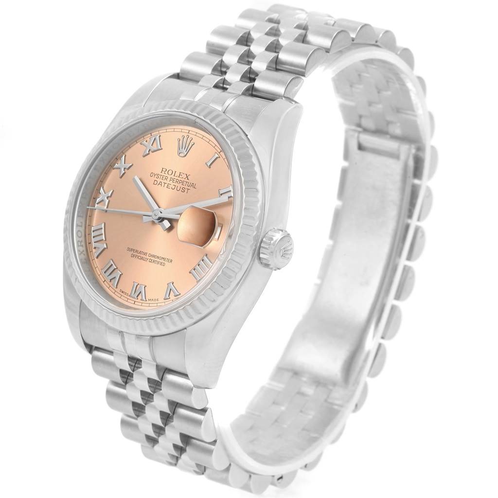 This Rolex Datejust 116234 Stainless Steel Pink Dial 116234 Stainless Steel Pink Dial watch is shown at a three-quarter angle, displaying the face, bezel, crown, and part of the bracelet.