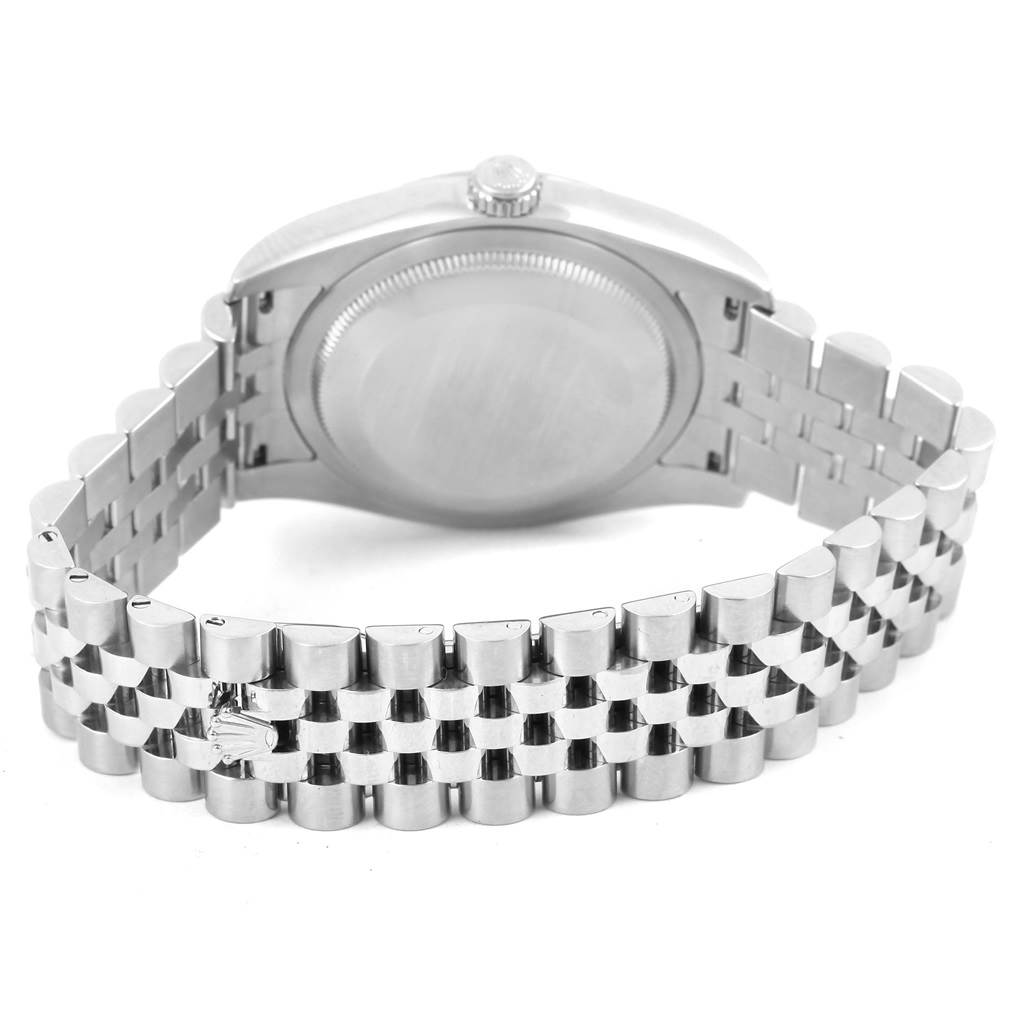 The image shows the back view of the Rolex Datejust 116234 Stainless Steel Pink Dial 116234 Stainless Steel Pink Dial watch, highlighting its case back and jubilee bracelet.