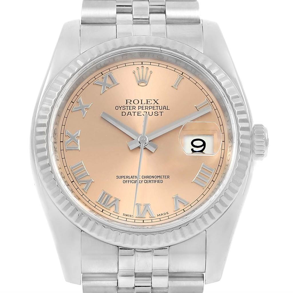 This image shows a front view of a Rolex Datejust 116234 Stainless Steel Pink Dial 116234 Stainless Steel Pink Dial watch, highlighting the face, bezel, hands, and part of the bracelet.