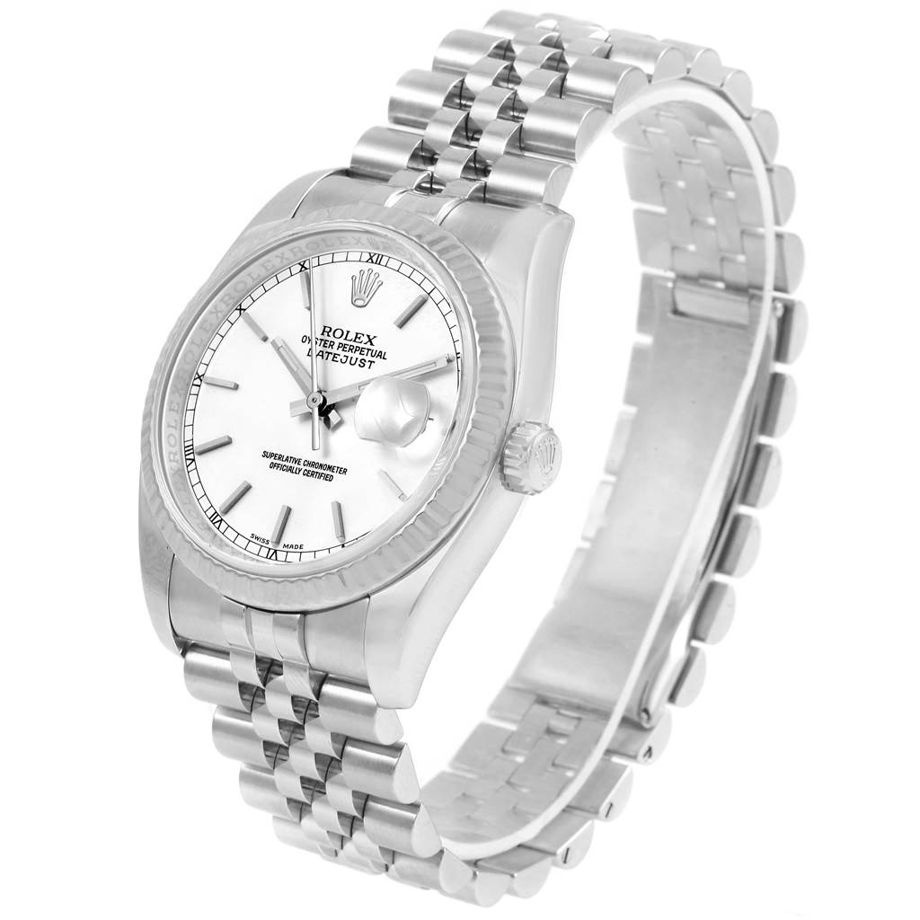 The image shows a Rolex Datejust 116234 Men's Stainless Steel White Dial 116234 Men's Stainless Steel White Dial watch angled from the front and right, displaying the dial, crown, and bracelet.