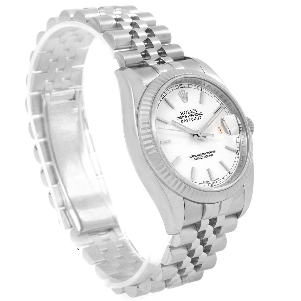 This image shows a side and partial front view of a Rolex Datejust 116234 Men's Stainless Steel White Dial 116234 Men's Stainless Steel White Dial watch, highlighting its face, bracelet, and fluted bezel.