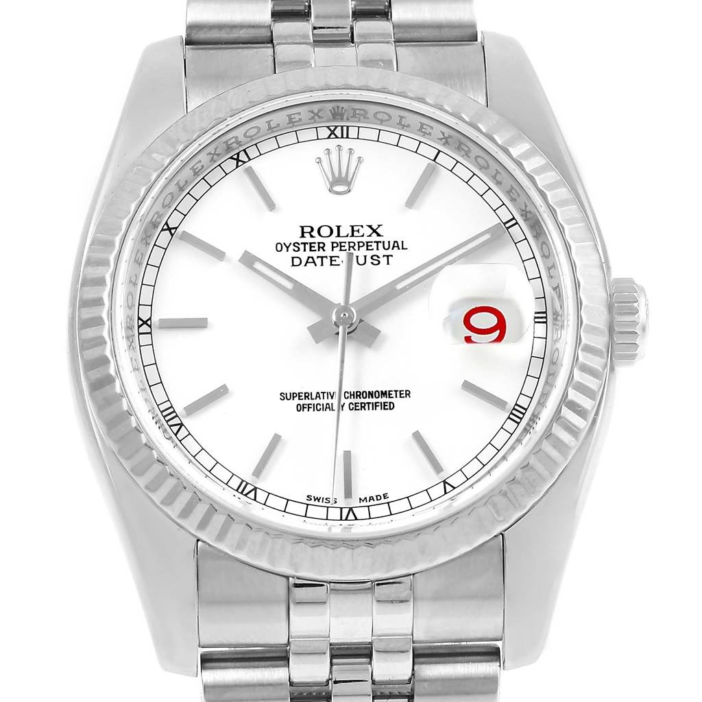 The image shows a close-up front view of a Rolex Datejust 116234 Men's Stainless Steel White Dial 116234 Men's Stainless Steel White Dial watch, highlighting the dial, hands, bezel, and part of the bracelet.