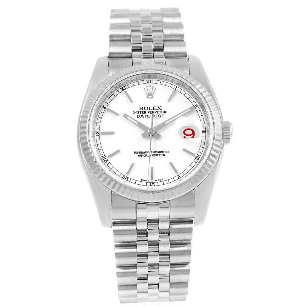 The Rolex Datejust 116234 Men's Stainless Steel White Dial 116234 Men's Stainless Steel White Dial watch is shown from a straight-on angle, displaying the face, bezel, crown, and bracelet.