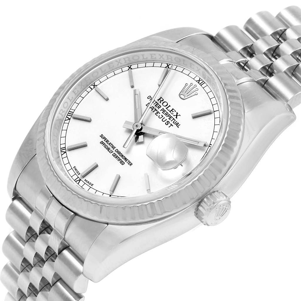 The image shows a Rolex Datejust 116234 Men's Stainless Steel White Dial 116234 Men's Stainless Steel White Dial watch at a slight angle, highlighting the dial, bezel, crown, and part of the bracelet.