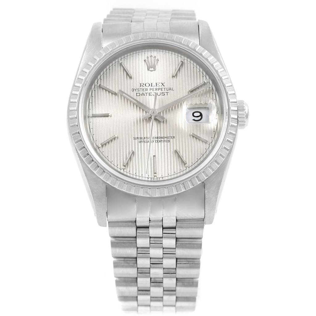 This is a front view of a Rolex Datejust 16220 Men's Stainless Steel Silver Dial 16220 Men's Stainless Steel Silver Dial watch, showing the face, bezel, and bracelet.