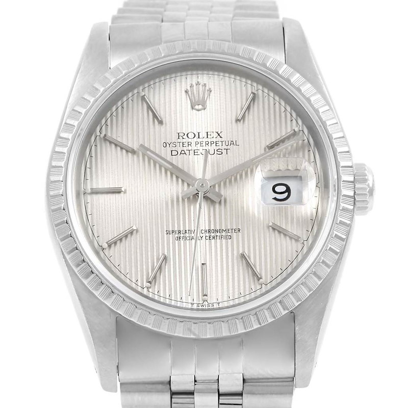 Rolex Datejust Silver Tapestry Dial Automatic Steel Mens Watch 16220 SwissWatchExpo