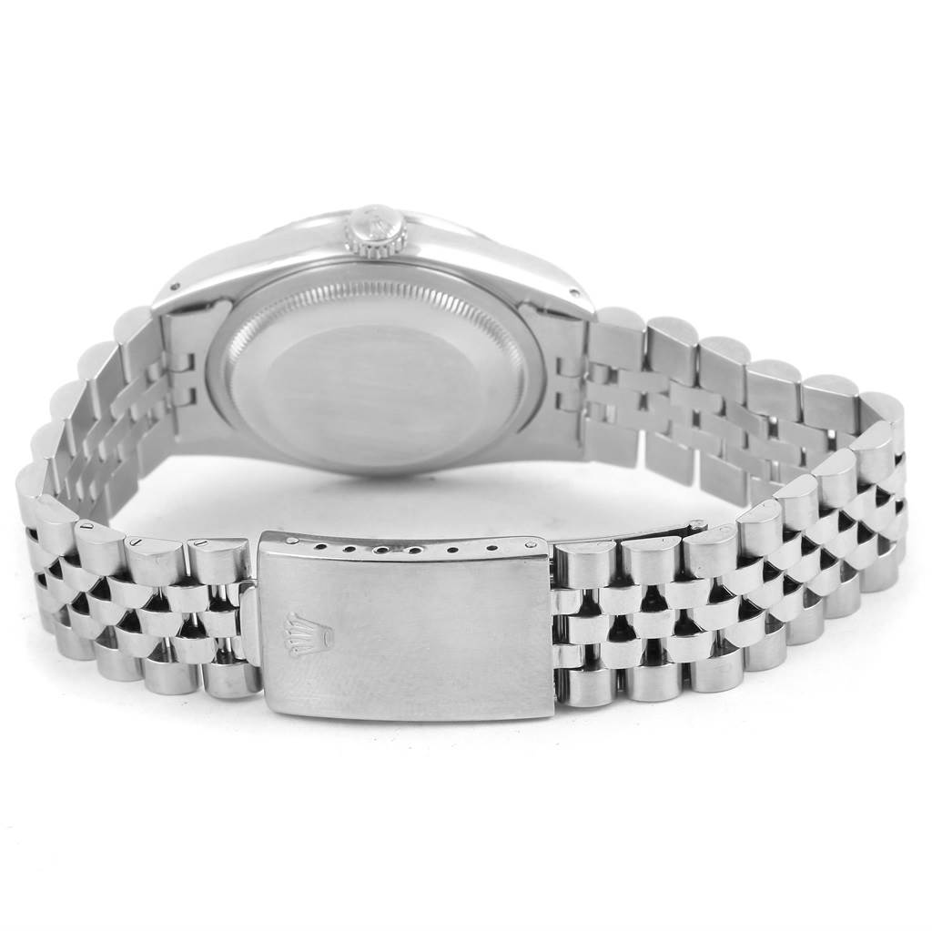 This image shows the back view of a Rolex Datejust 16220 Men's Stainless Steel Silver Dial 16220 Men's Stainless Steel Silver Dial watch, focusing on the case back and the Jubilee bracelet with a clasp.