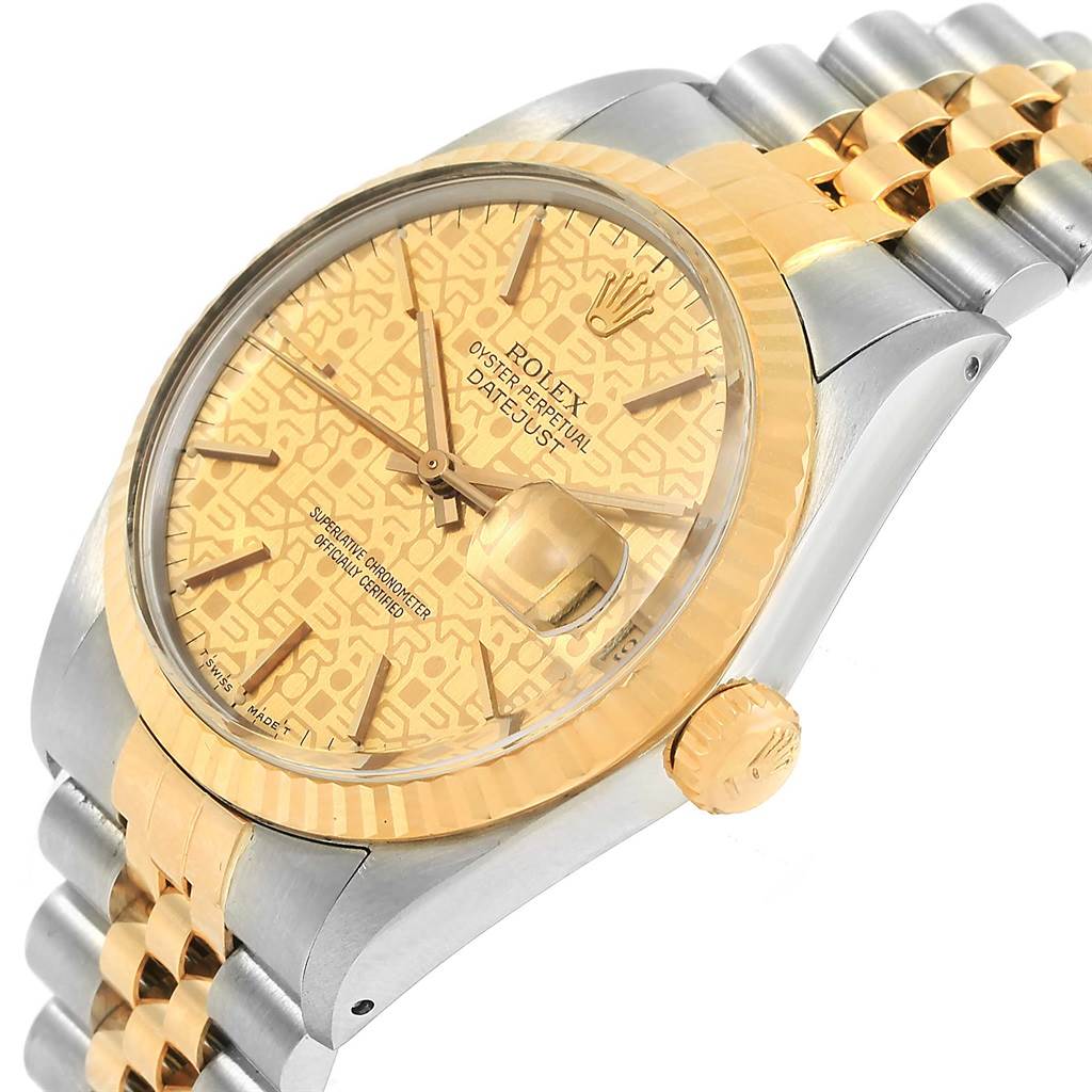 The image shows a close-up angle of a Rolex Datejust 16013 Men's Stainless Steel Champagne Dial 16013 Men's Stainless Steel Champagne Dial watch highlighting its gold dial, bezel, crown, and two-tone bracelet.