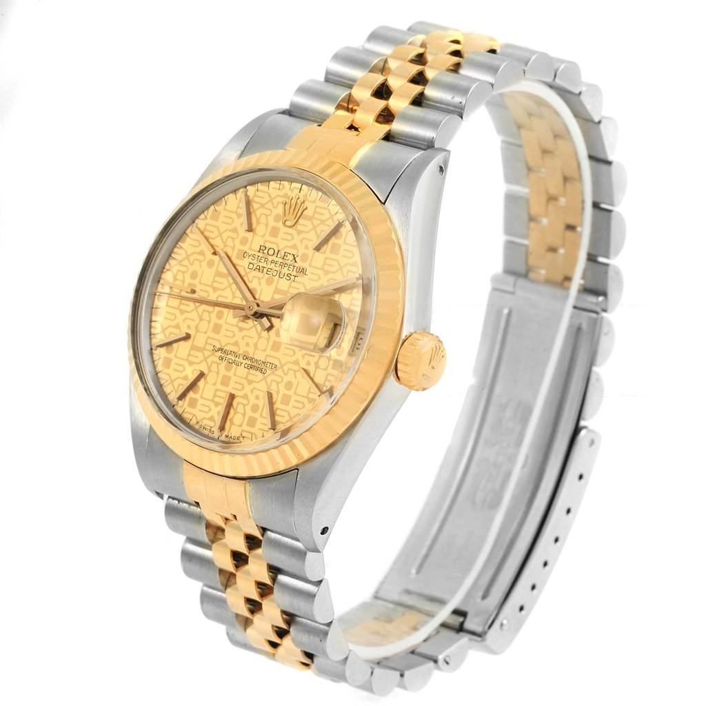 The image shows a Rolex Datejust 16013 Men's Stainless Steel Champagne Dial 16013 Men's Stainless Steel Champagne Dial watch at a three-quarter angle, highlighting its two-tone bracelet, patterned dial, and fluted bezel.