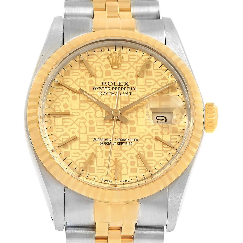 This image shows a frontal view of a Rolex Datejust 16013 Men's Stainless Steel Champagne Dial 16013 Men's Stainless Steel Champagne Dial watch, highlighting the dial, bezel, crown, and part of the bracelet.