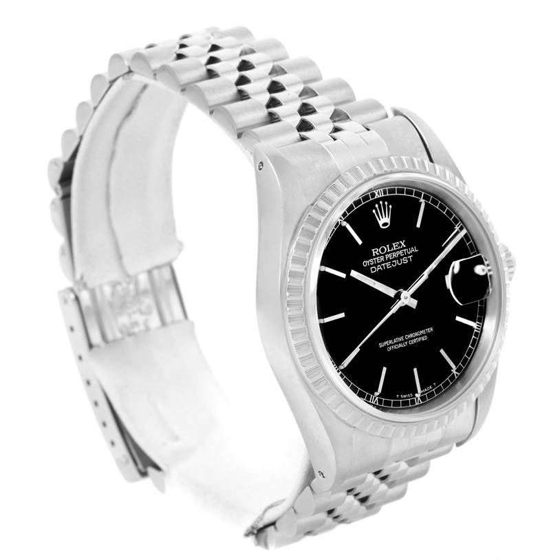 The image shows a side angle of the Rolex Datejust 16220 Men's Stainless Steel Black Dial 16220 Men's Stainless Steel Black Dial watch, displaying its face, case, and partially open bracelet.