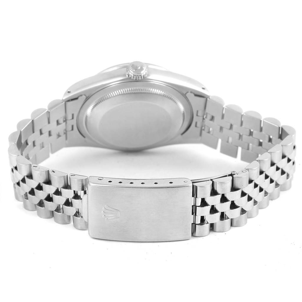 This image shows the back of a Rolex Datejust 16234 Stainless Steel Silver Dial 16234 Stainless Steel Silver Dial watch, focusing on the closed case-back and the stainless steel bracelet with the clasp visible.