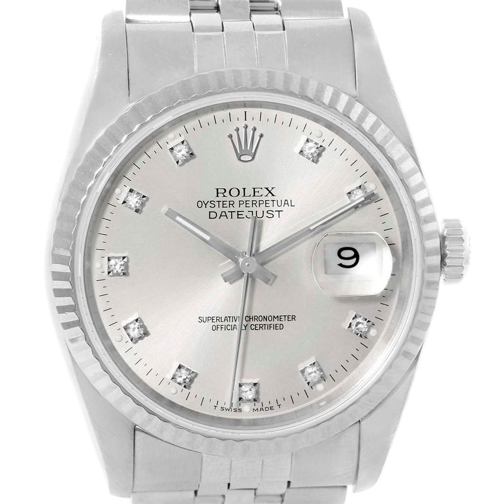 The Rolex Datejust 16234 Stainless Steel Silver Dial 16234 Stainless Steel Silver Dial watch is shown from the front, highlighting its dial, date window, hands, and bezel.