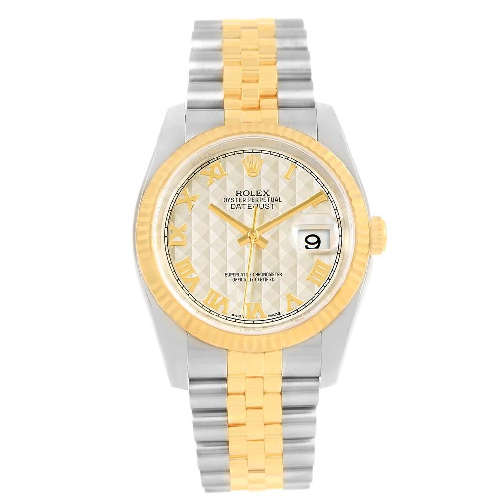 The Rolex Datejust 116233 Men's Stainless Steel Beige Dial 116233 Men's Stainless Steel Beige Dial watch is shown from a front angle, highlighting the dial, bezel, and bracelet.