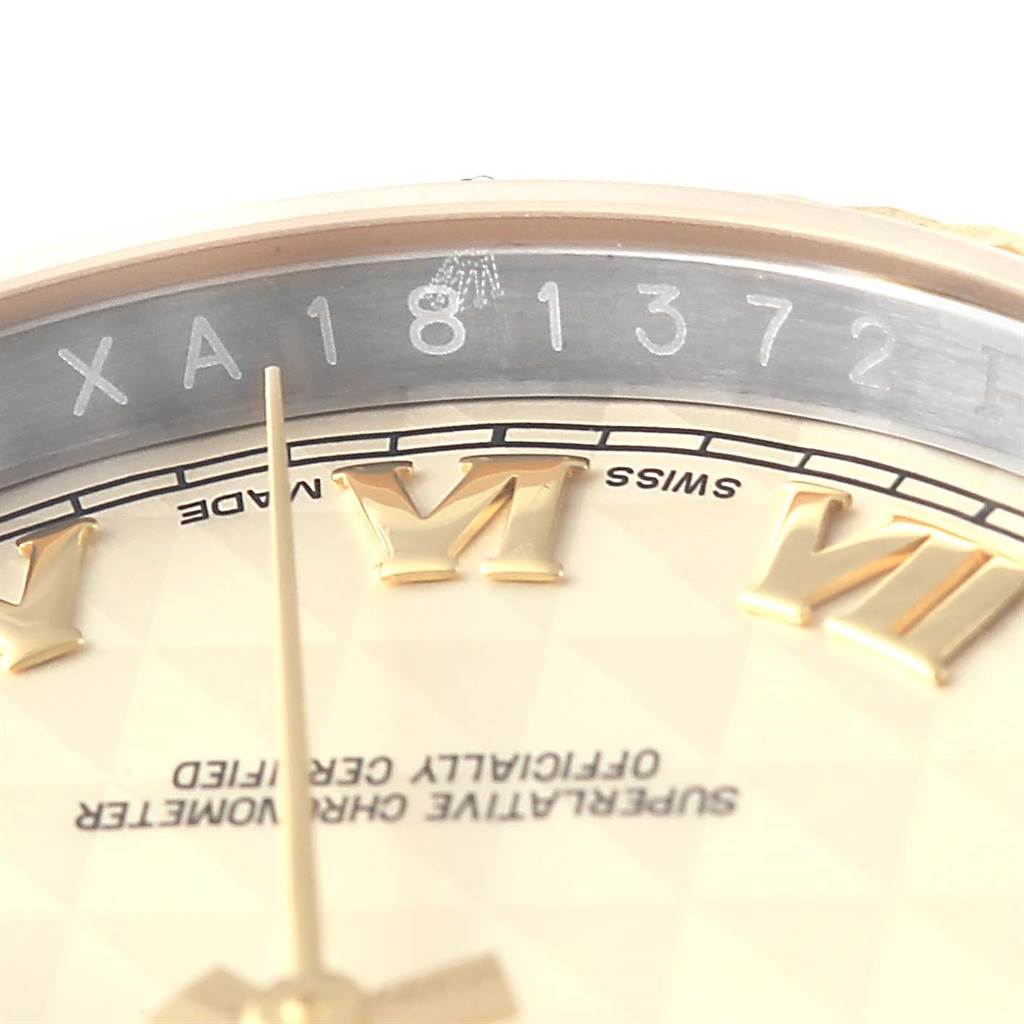 The image shows a close-up of the dial and inner bezel with the serial number of a Rolex Datejust 116233 Men's Stainless Steel Beige Dial 116233 Men's Stainless Steel Beige Dial watch.