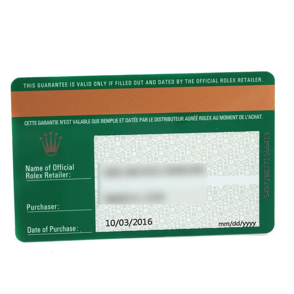 The image shows a guarantee card accessory for the Rolex Datejust 116233 Men's Stainless Steel Beige Dial 116233 Men's Stainless Steel Beige Dial model, focusing on the front side with details of the purchase and retailer.