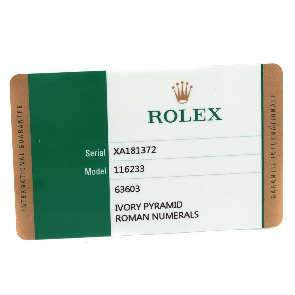 The image displays the warranty card for a Rolex Datejust 116233 Men's Stainless Steel Beige Dial 116233 Men's Stainless Steel Beige Dial model 116233 with the serial number XA181372.