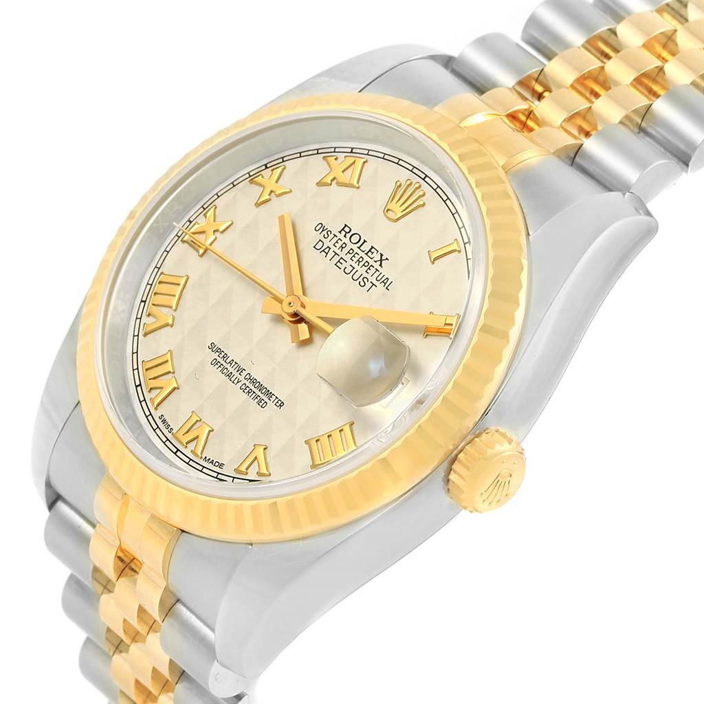 The Rolex Datejust 116233 Men's Stainless Steel Beige Dial 116233 Men's Stainless Steel Beige Dial watch is shown at a slight angle, highlighting its face, fluted bezel, crown, and two-tone metal bracelet.