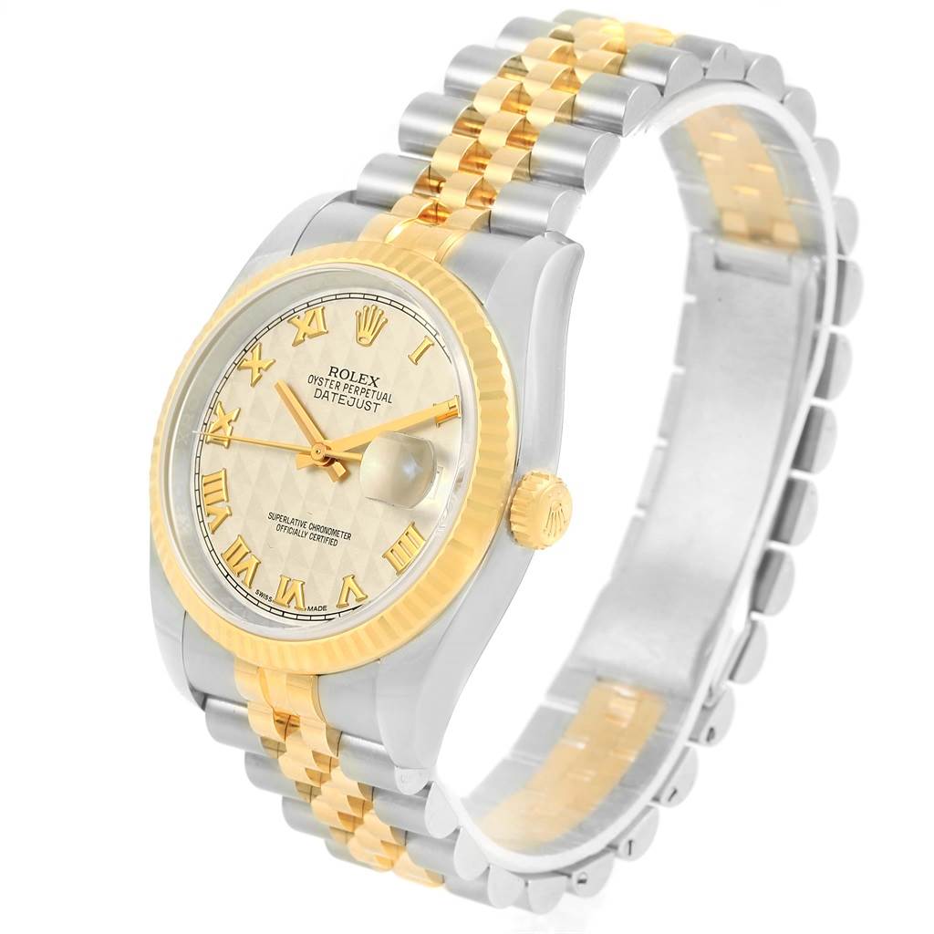 This image shows a Rolex Datejust 116233 Men's Stainless Steel Beige Dial 116233 Men's Stainless Steel Beige Dial watch at a three-quarter angle, displaying its dial, bezel, crown, and Jubilee bracelet.