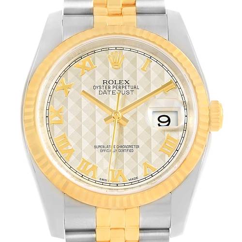 Photo of Rolex Datejust Steel Yellow Gold Ivory Pyramid Dial Mens Watch 116233