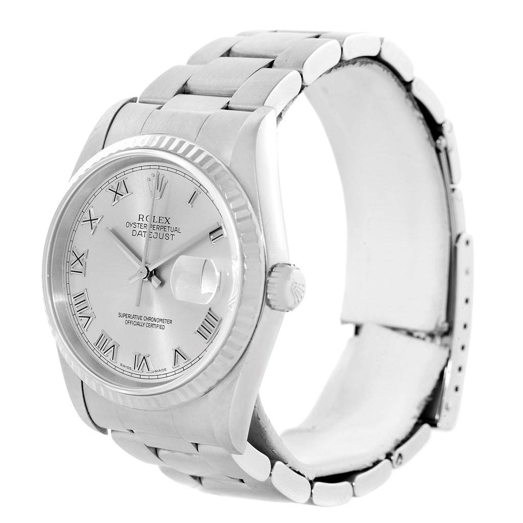 The Rolex Datejust 16234 Men's Stainless Steel Silver Dial 16234 Men's Stainless Steel Silver Dial watch is shown at a slight angle, displaying its bracelet, crown, and silver dial with Roman numerals.