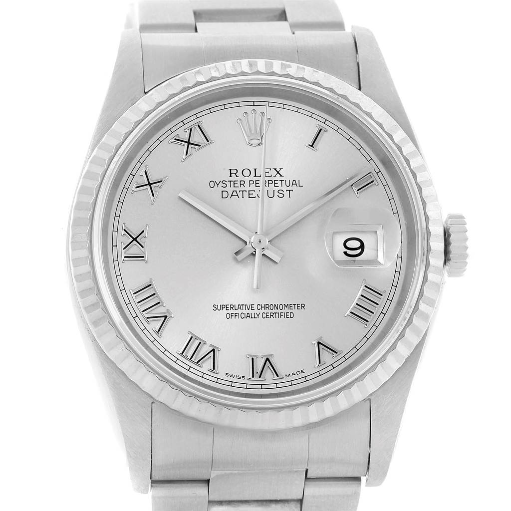 The image shows a front, close-up view of a Rolex Datejust 16234 Men's Stainless Steel Silver Dial 16234 Men's Stainless Steel Silver Dial watch displaying its dial, bezel, and bracelet.