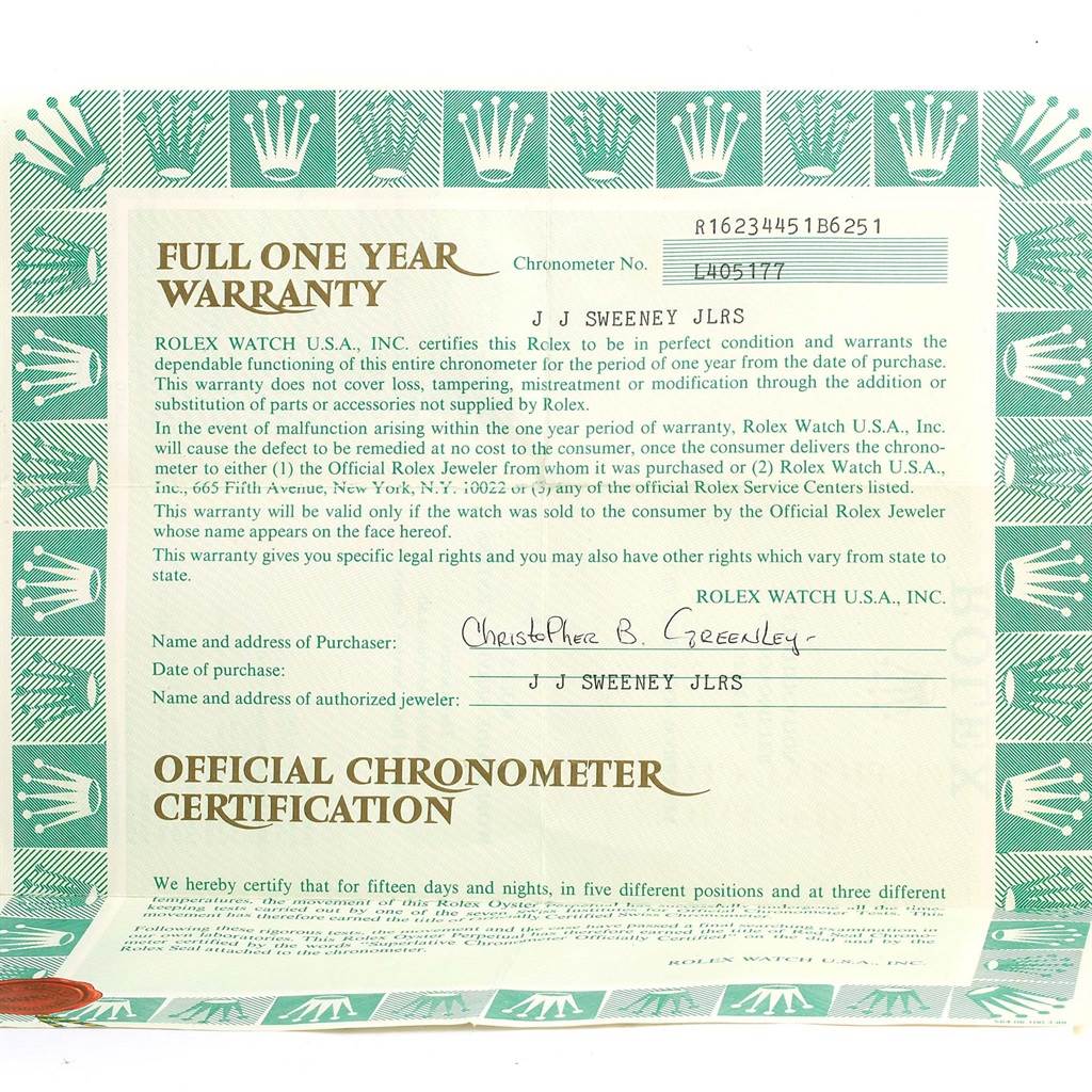 This image shows a full one-year warranty certificate for a Rolex Datejust 16234 Men's Stainless Steel Beige Dial 16234 Men's Stainless Steel Beige Dial watch.