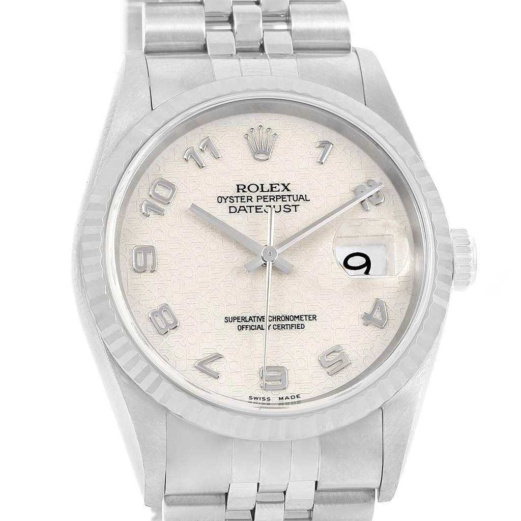 The image shows a front view of the Rolex Datejust 16234 Men's Stainless Steel Beige Dial 16234 Men's Stainless Steel Beige Dial watch, highlighting its dial, hands, bracelet, and date window.