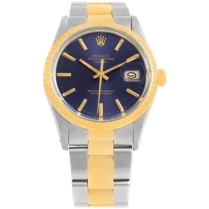Rolex Date Mens Steel 18k Yellow Gold Blue Dial Mens Watch 15053 SwissWatchExpo